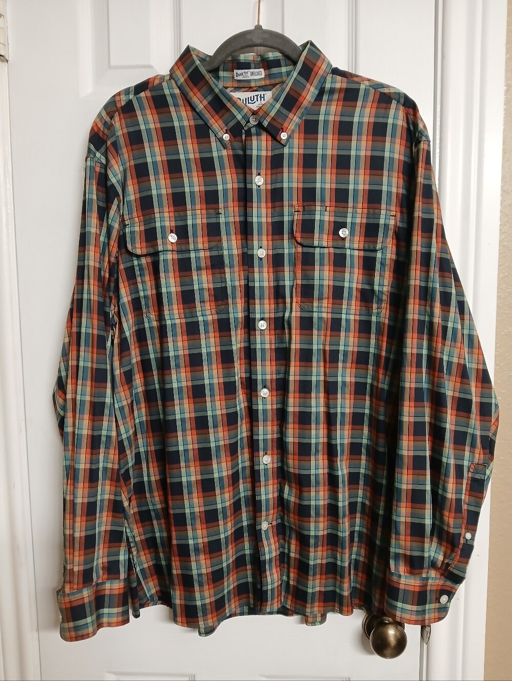 Duluth Trading Co Green & Orange Plaid Button-Down Shirt - XL